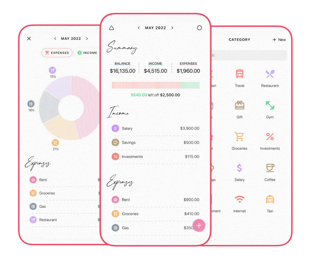 Fleur budget planner app showing a monthly budget, expense categories, transactions, and spending insights