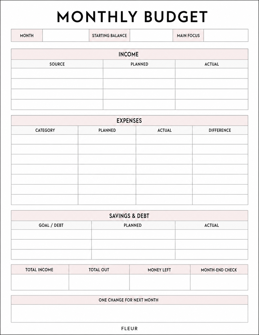 Preview of the minimal monthly budget printable