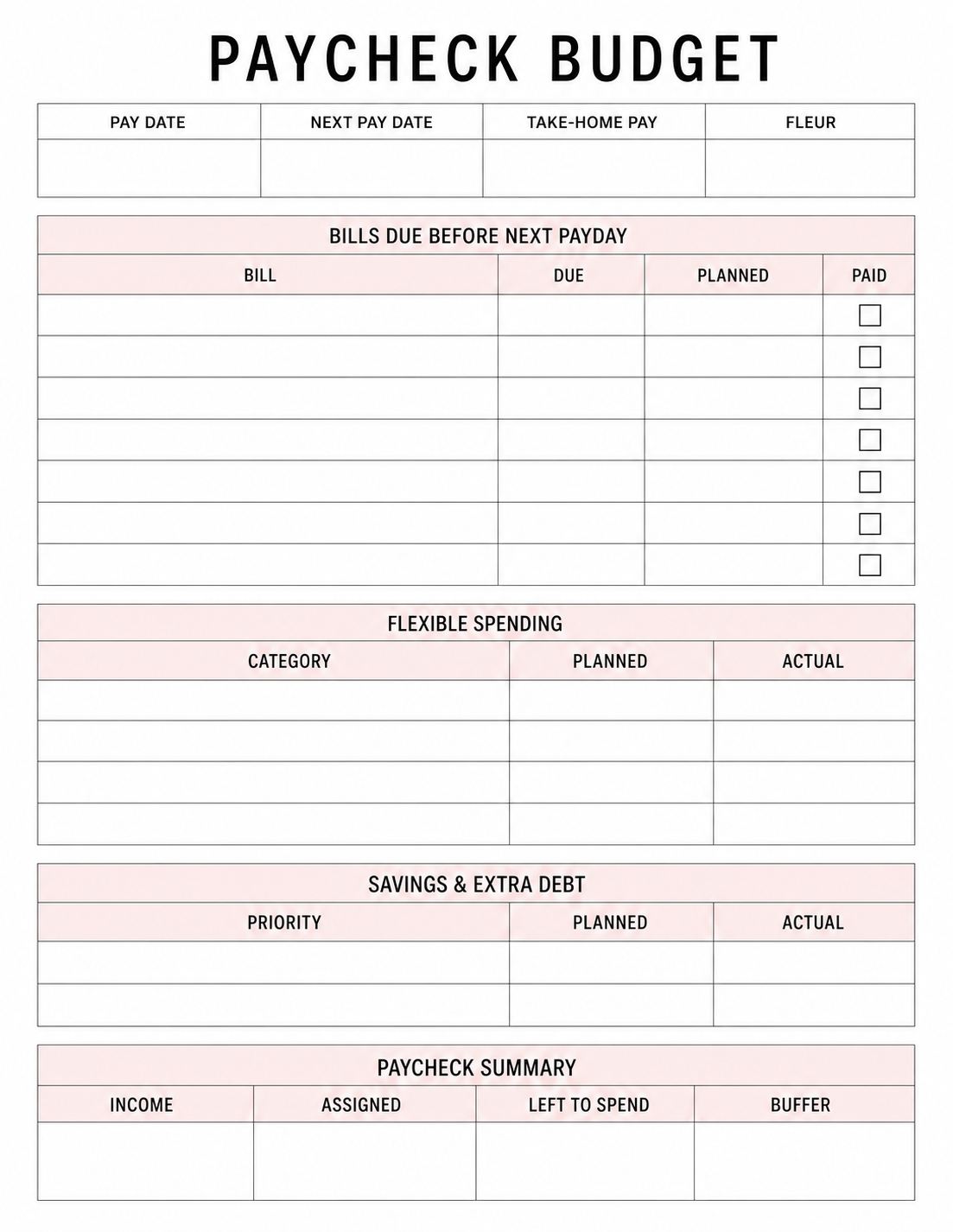 Preview of the minimal paycheck budget printable
